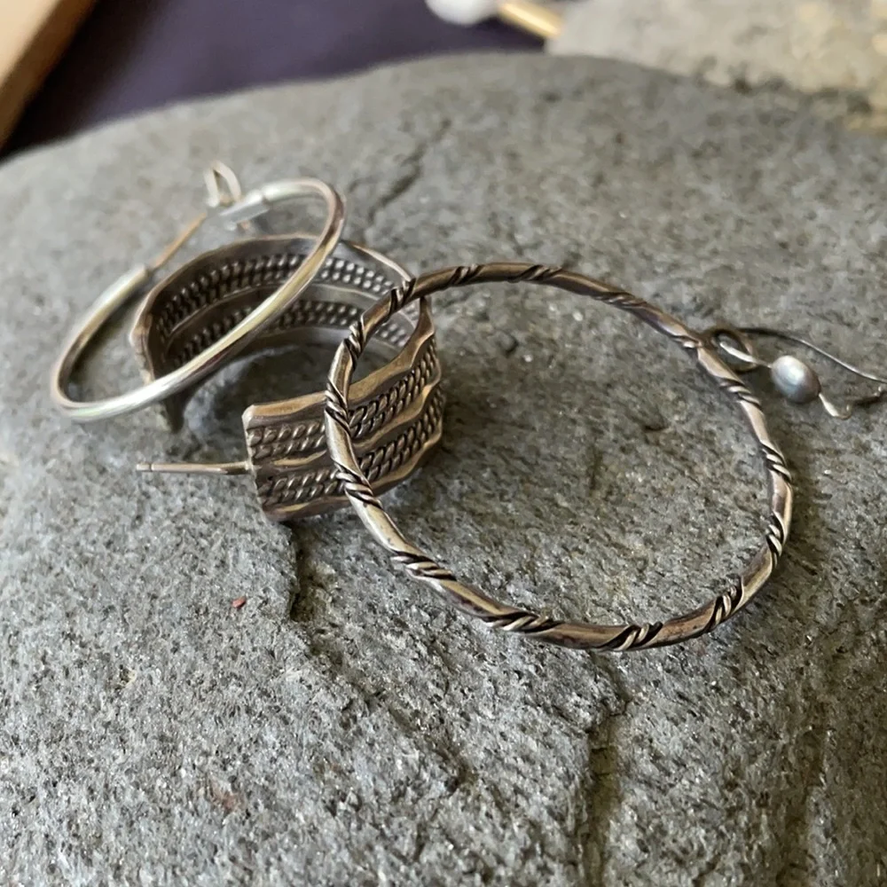 Native American Three Solo Sterling Cuff and Hoops Earrings